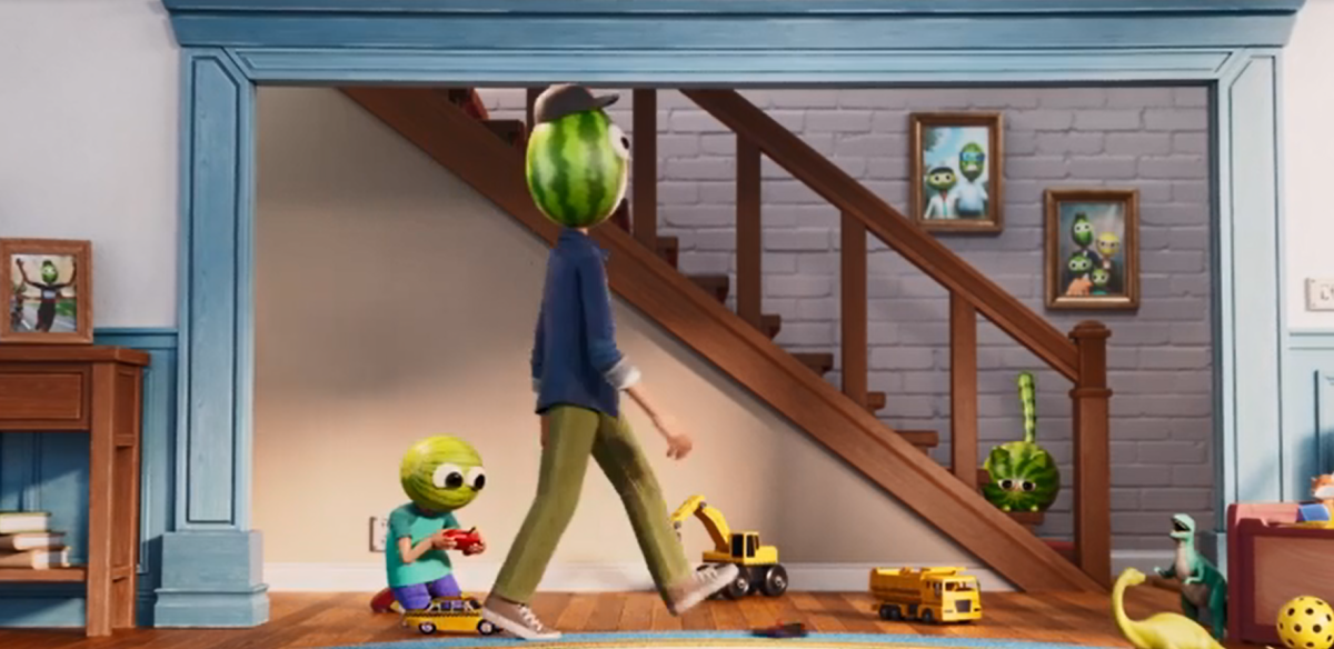 An animated adult about to step on a toy a child is playing with. Both have melons for heads.