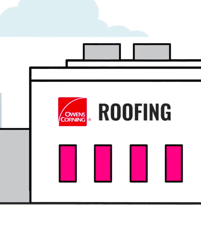 Illustration of an industrial building with the Owens Corning logo on it with the word, "roofing" next to it
