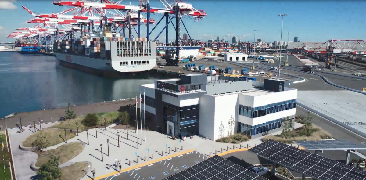 Long Beach Port headquarters and barge.