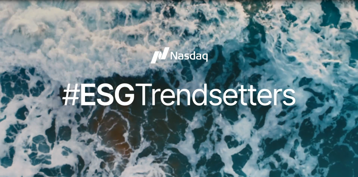 Nasdaq logo and "#ESG Trendsetters" over a background of crashing waves on a beach.