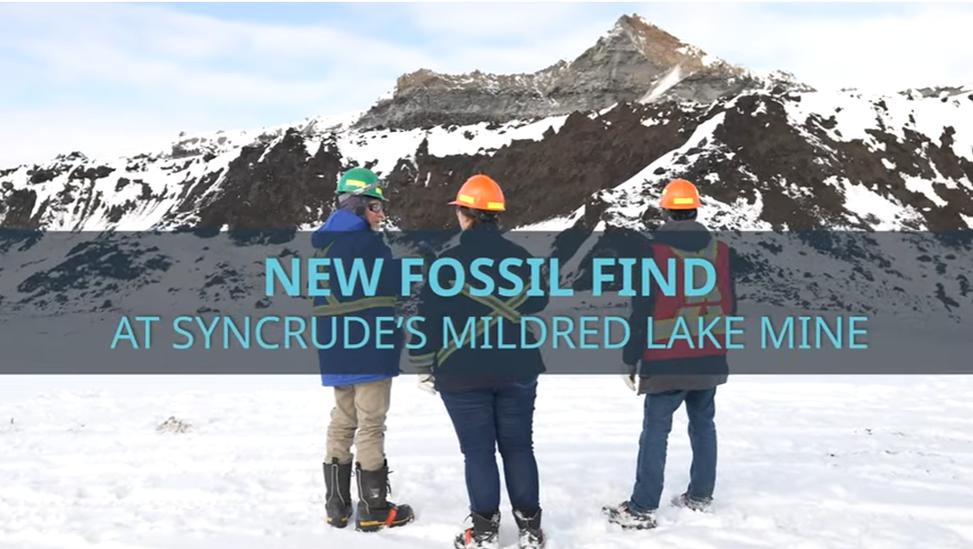 People standing in front of mountain with text "New Fossil Find at Syncrude's Mildred Lake Mine"
