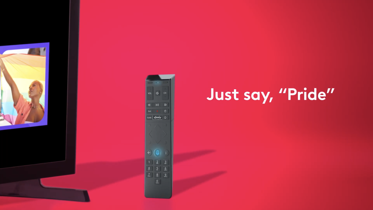 A remote against a red background "Just say, "Pride"."