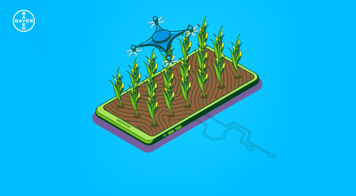 A digital drawing of a drone over a crop growing from a phone.