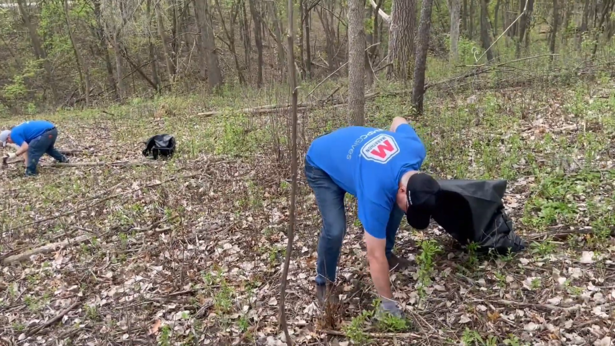 Employees picking up litter