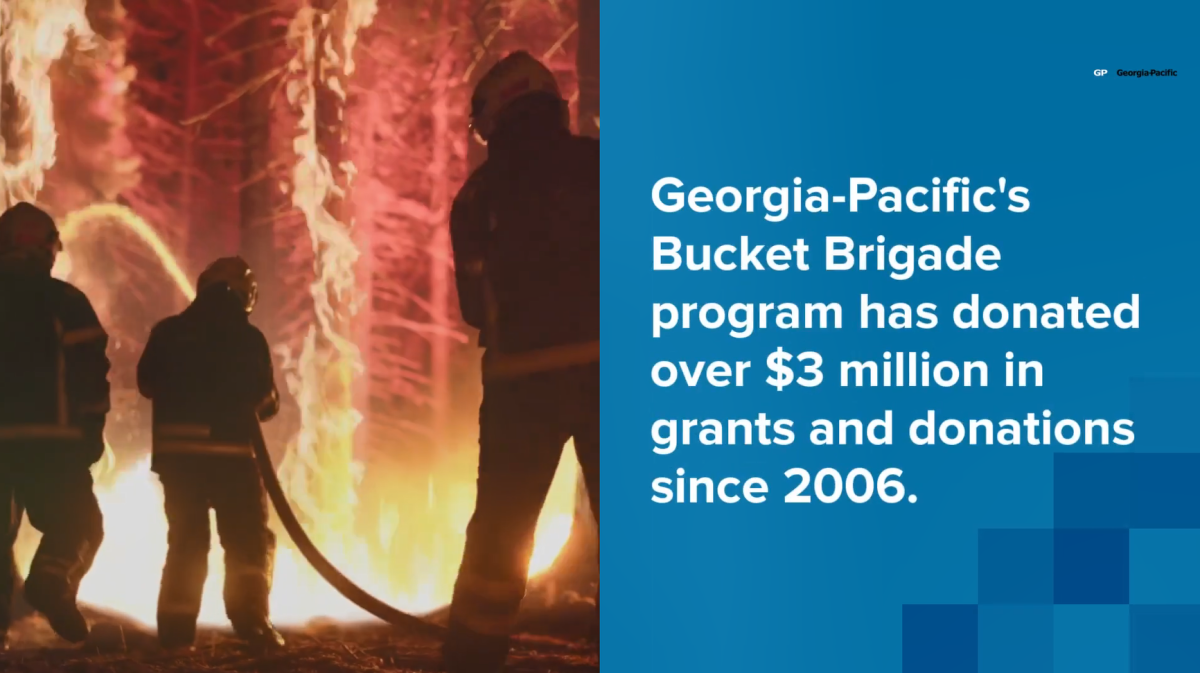 FIrefighters putting out a forest fire. "Georgia-Pacific's Bucket Brigade program has donated over #3 million in grants and donations since 2006.