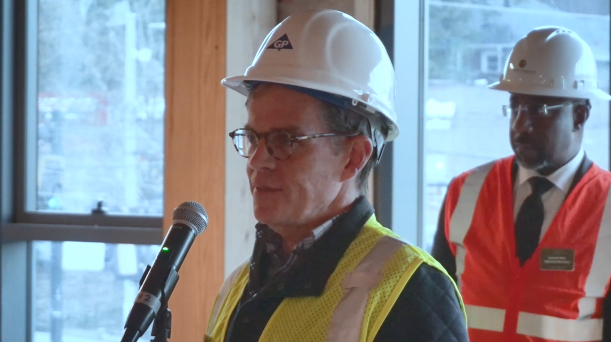 Georgia-Pacific Vice President of stewardship John Mulcahy give remarks on the economic impact of mass timber.