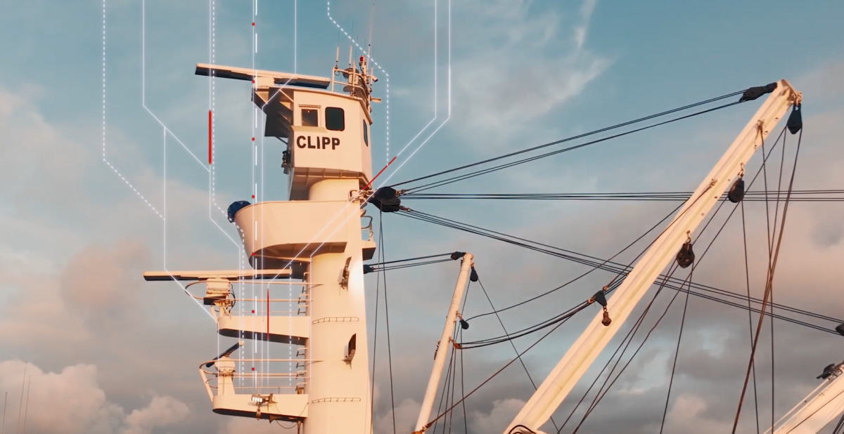 Digital lines added to a tall ship lookout, extending to the sky.