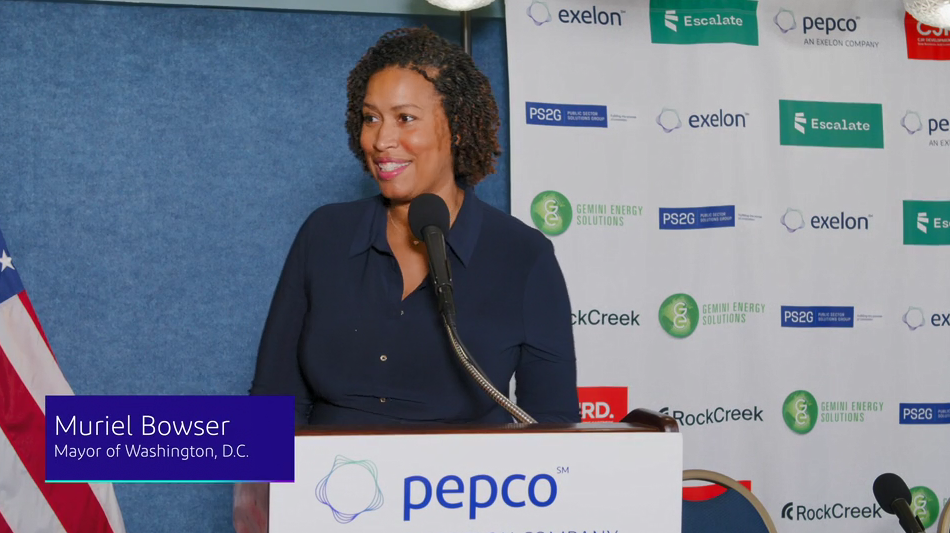 Mayor of DC speaking at a podium with Pepco sign