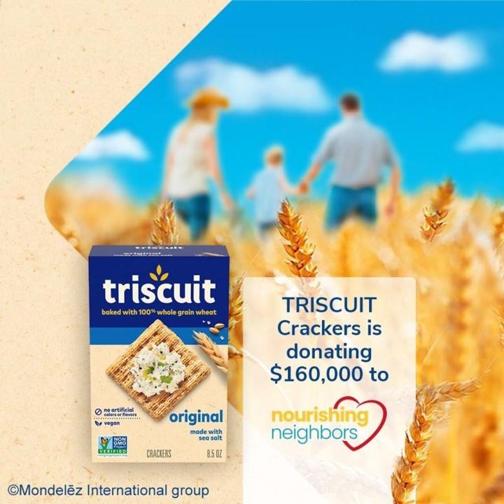 Family walking through cornfield with box of Triscuits and text that reads "TRISCUIT Crackers is donating $160,000 to nourishing neighbors"