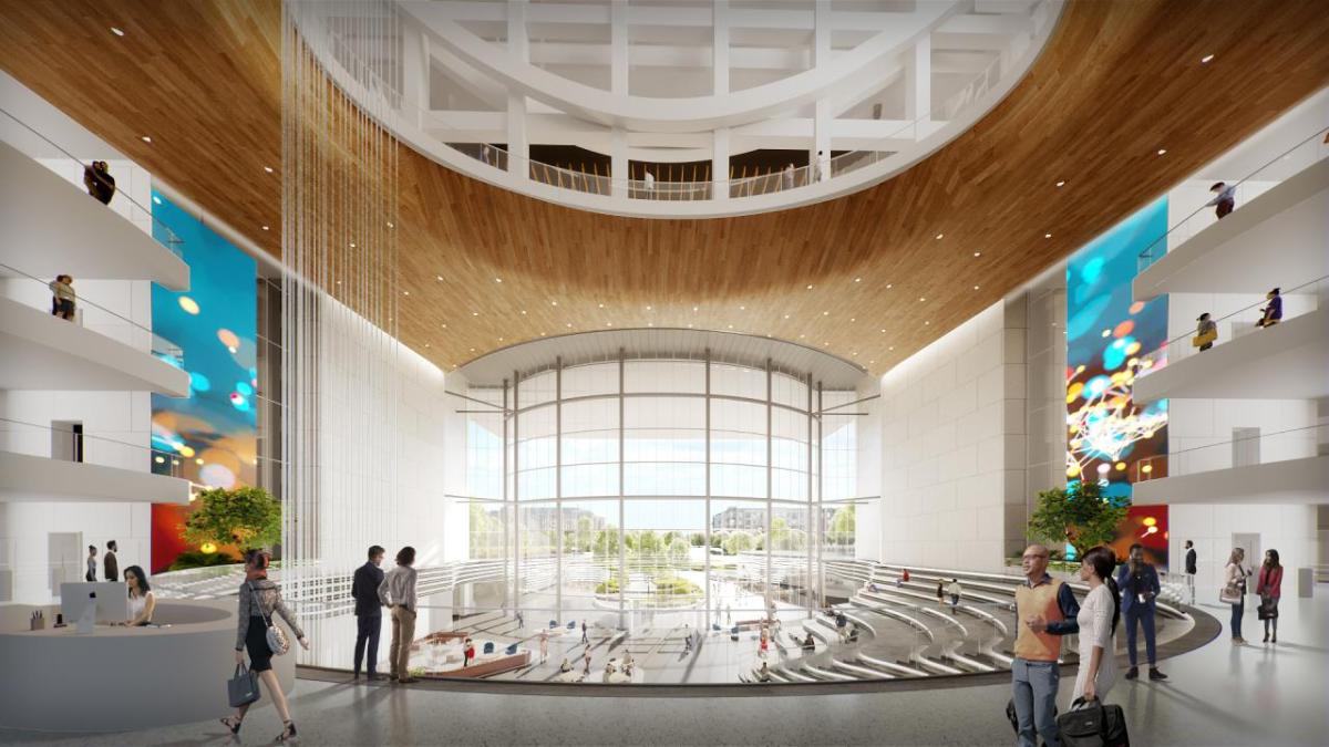 3D rendered image of interior of proposed new building.