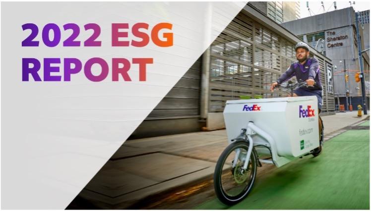 "2022 ESG Report" with image of FedEx bicycle delivery