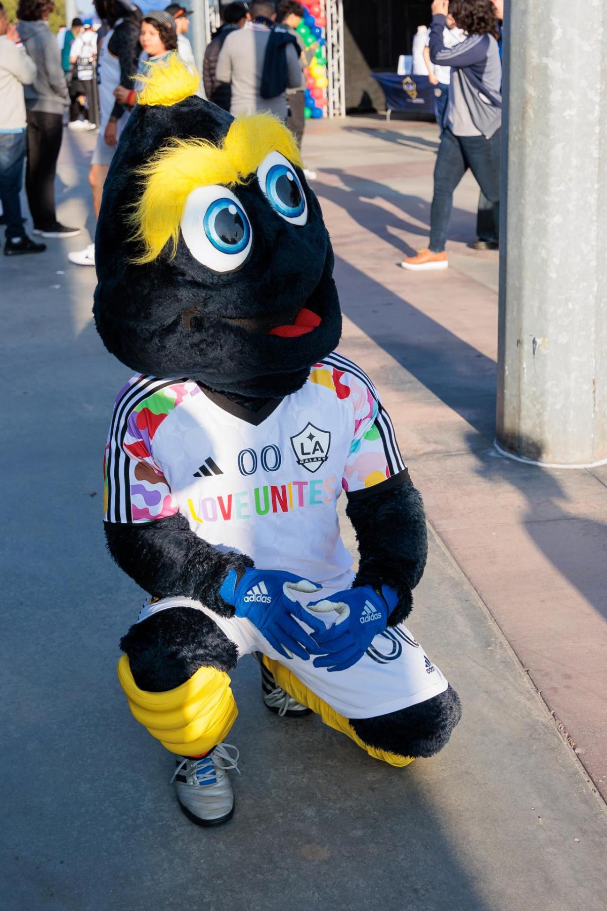 LA Galaxy mascot Cozmo wore his Pride Night jersey to celebrate Pride Month.