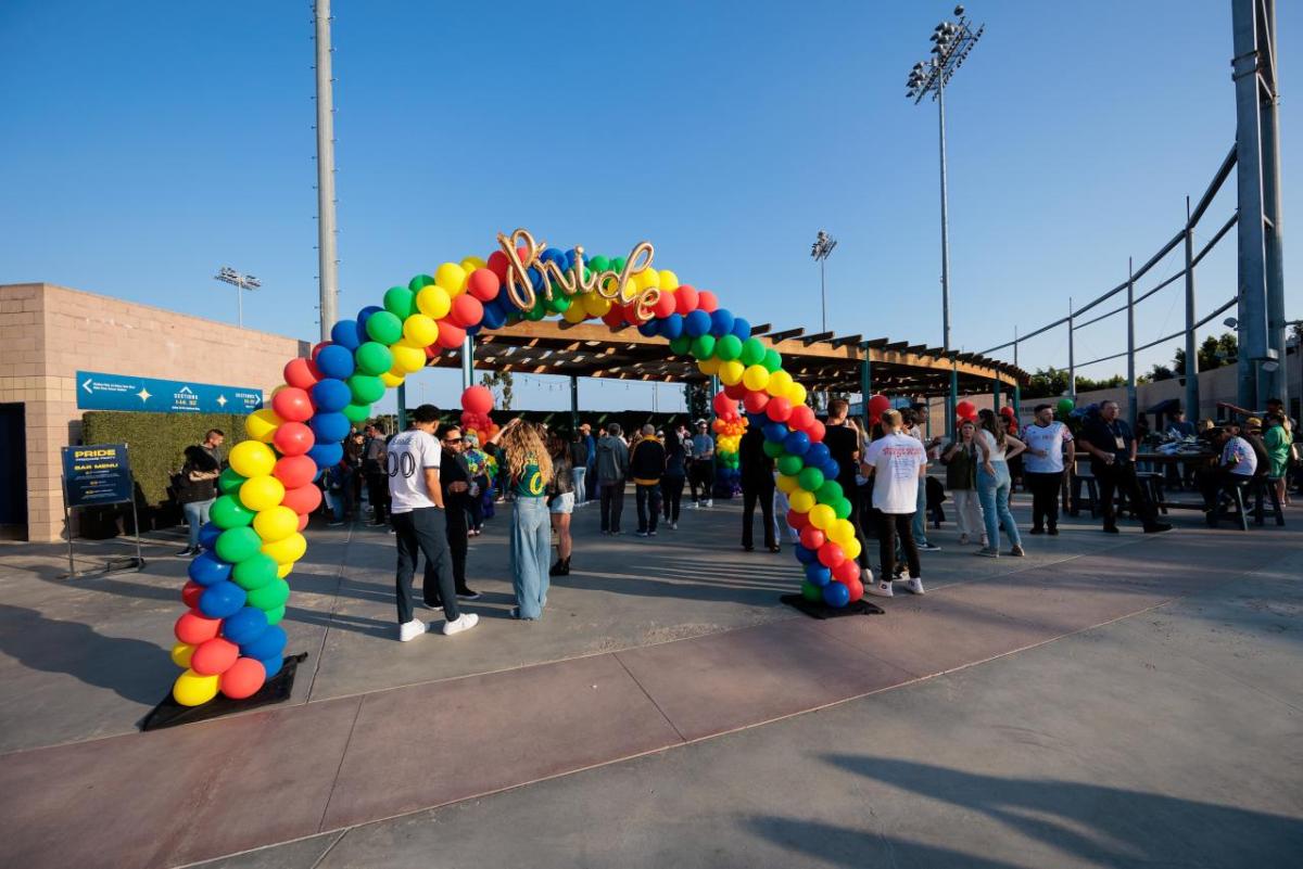 Dignity Health Sports Park decorated in Pride colors for Pride Night.