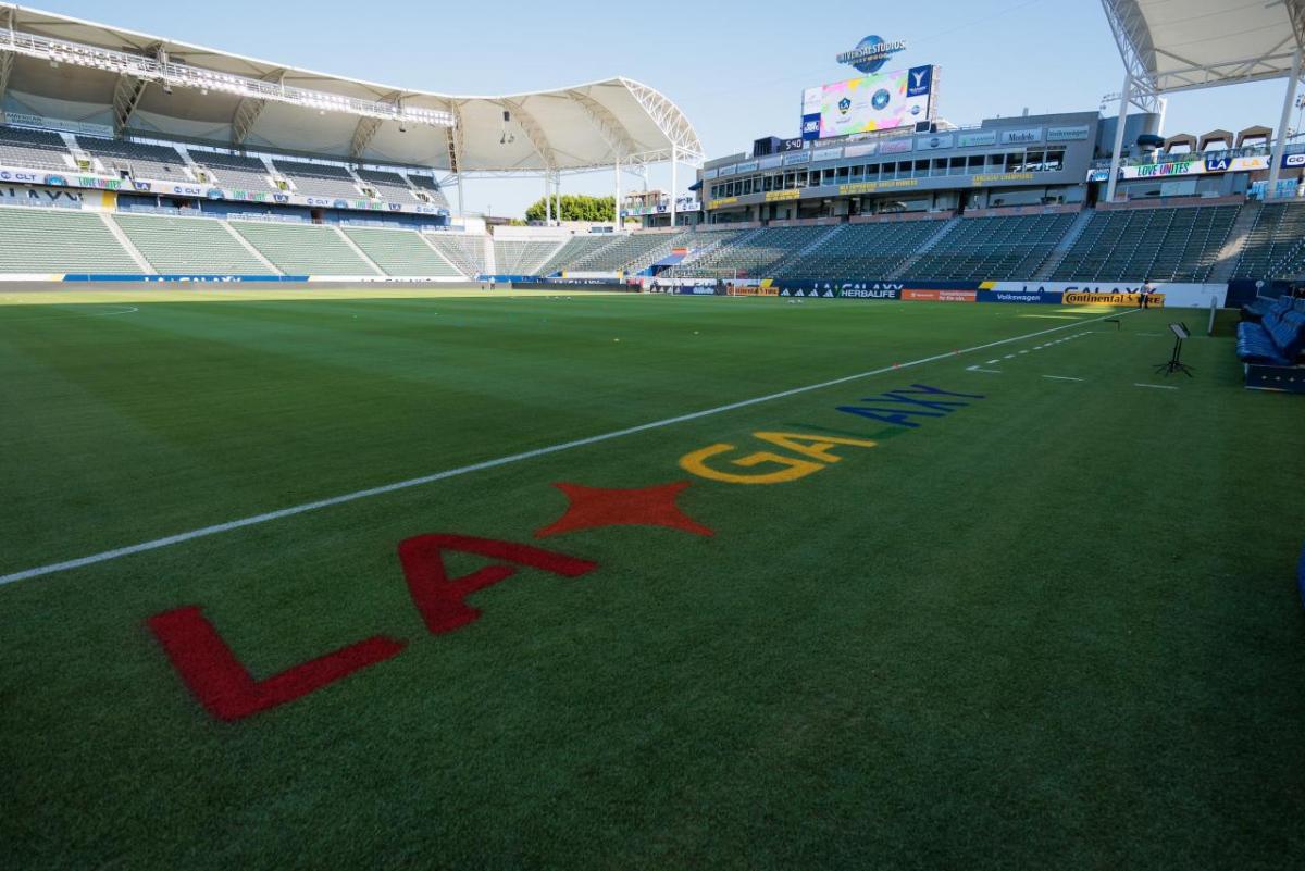 The field at Dignity Health Sports Park decorated in Pride colors during the LA Galaxy's Pride Night.