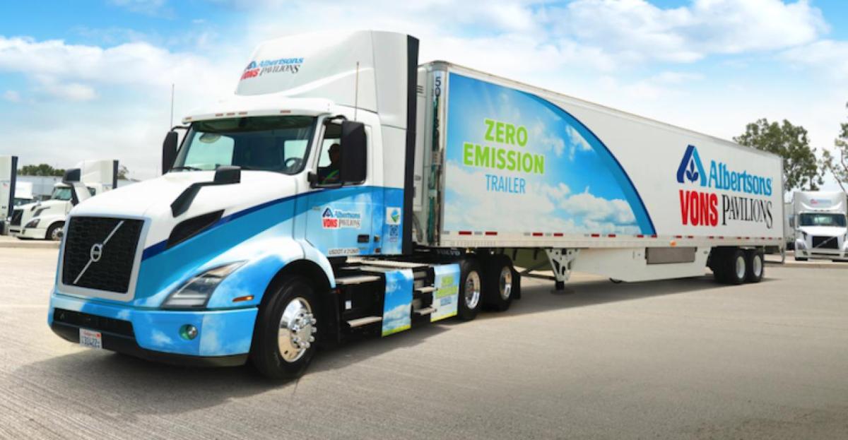Sustainability is top of mind for Albertsons, ranging from supply chain initiatives to circularity. Albertsons Co's Zero Emission Trailer with the Albertsons, Vons, and Pavillions Logos