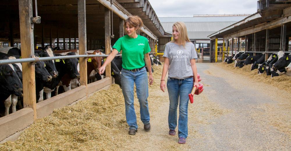 Cortney VanOeffelen (left), who owns VanOeffelen Dairy with her three sisters, walks through the farm with her niece, Torri Hawkins, who she calls her “right-hand girl.” Courtesy of VanOeffelen Dairy