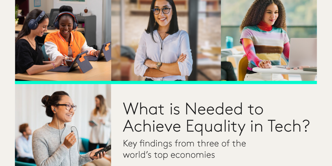 Collage of tech workers, with text: "What is needed to achieve equality in tech?" Key findings from three of the world's top economies