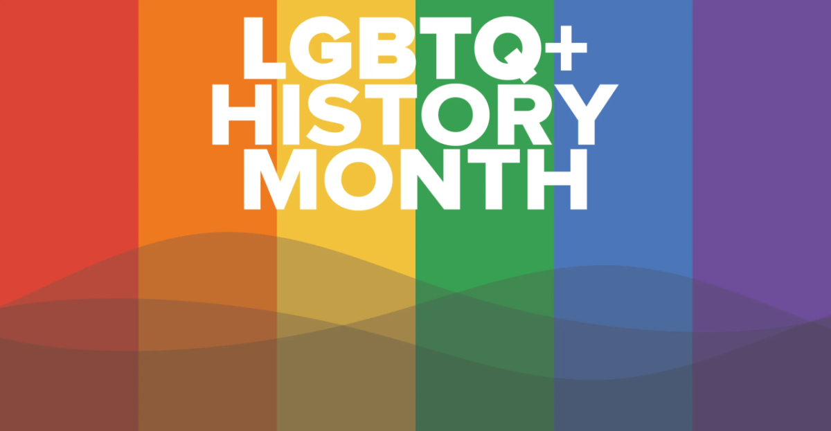 "LGBTQ+ History Month" displayed over rainbow background