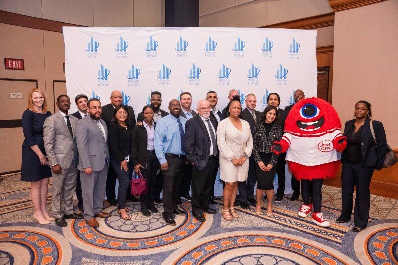 Group of people with Albertsons' Jewel-Osco division's mascot