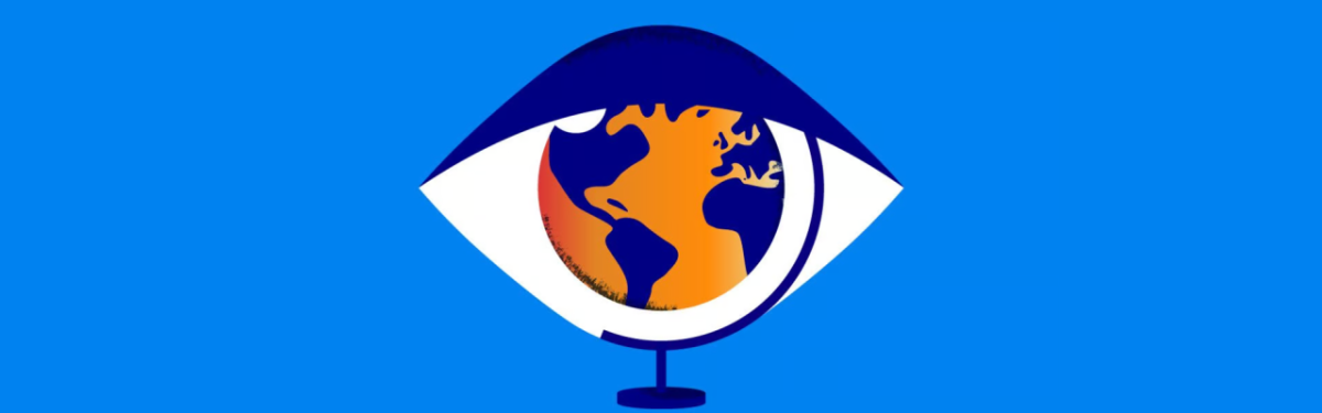 Digital art, a desk globe positioned to appear as the pupil of an eye on a blue background.