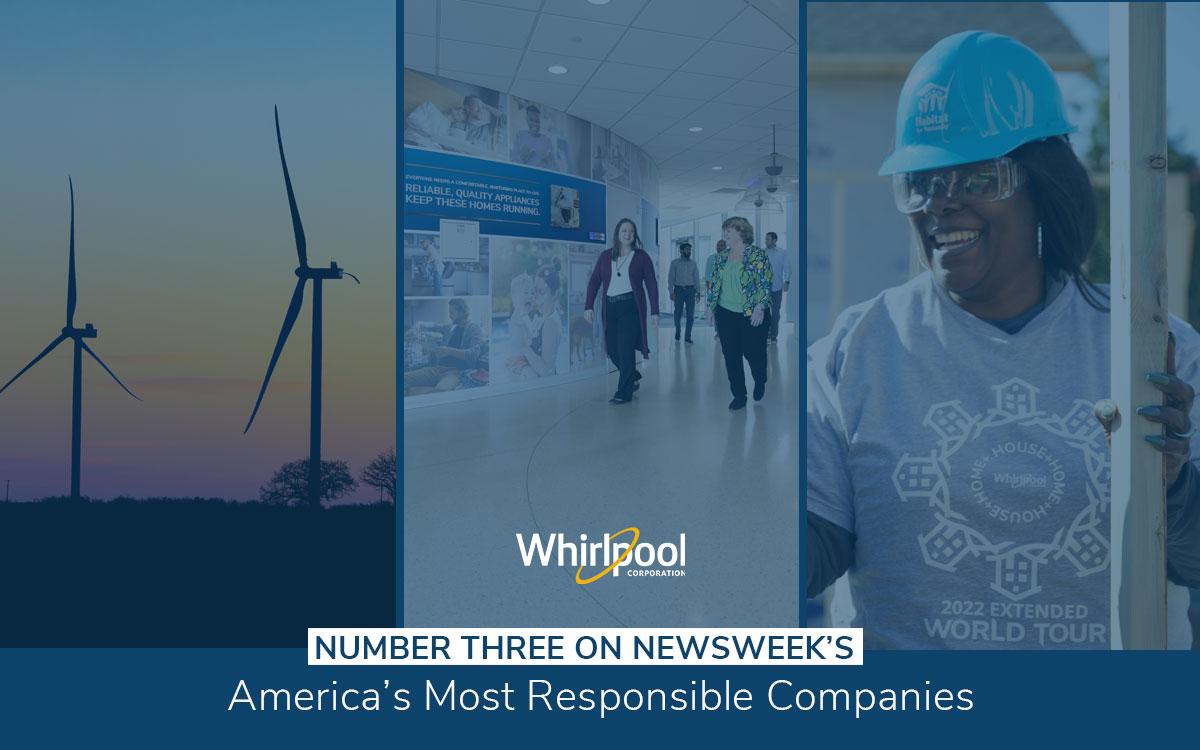 Collage of 3 photos. Wind turbines; employees walking down a hallway;  employee with hardhat and goggles smiles
