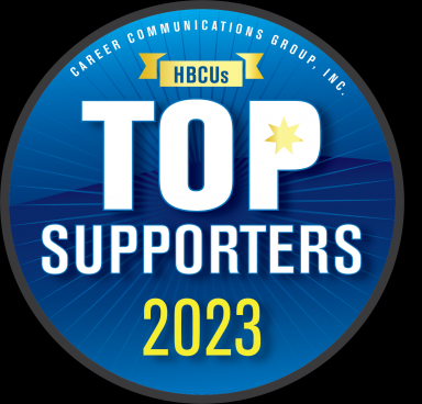 The award badge from Career Communications Group, Inc. is pictured which reads “ HBCUs Top Supporters 2023” in blue, white and yellow.