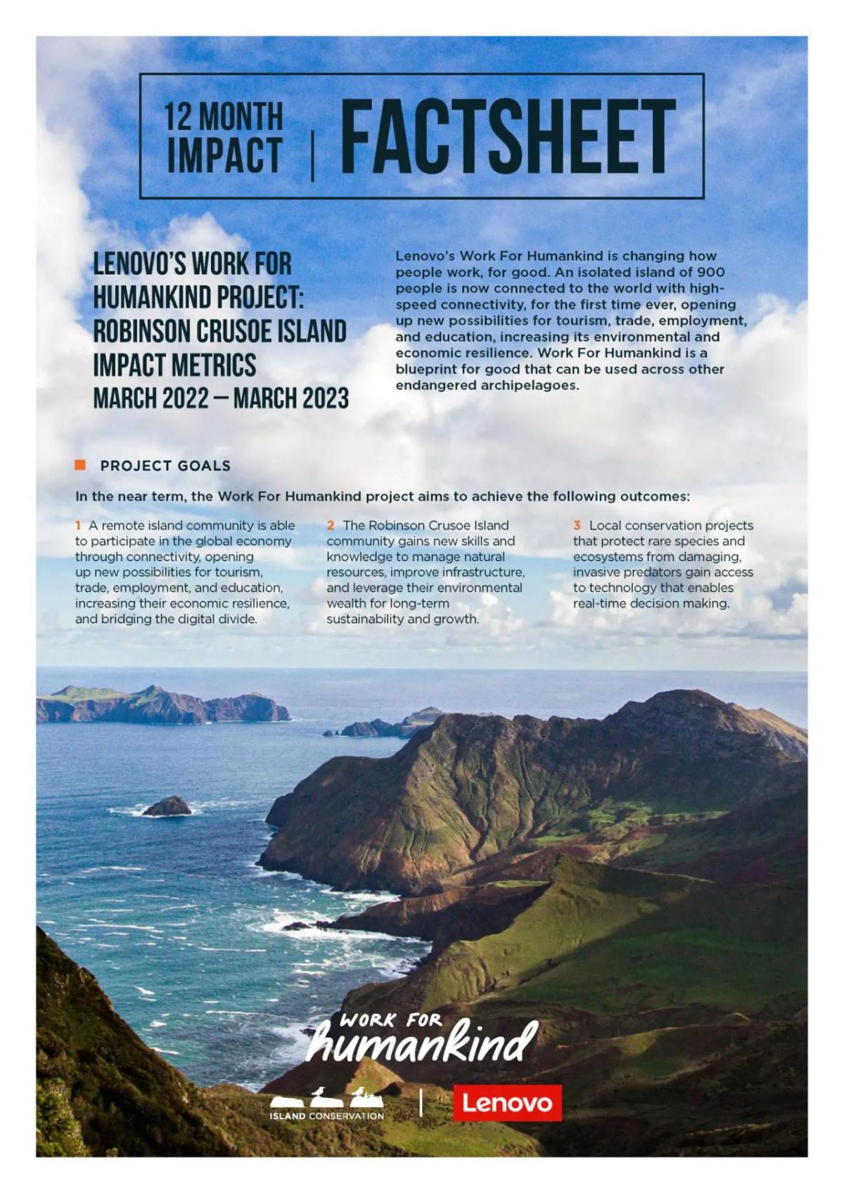 Info graphic: 12 month impact factsheet. Lenovo's work for humankind project: Robinson Crusoe island impact metris/