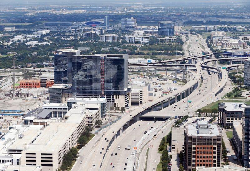 Dallas North Tollway splits Legacy West (left) and Shops of Legacy (right) in Plano. (Vernon Bryant/Staff Photographer)