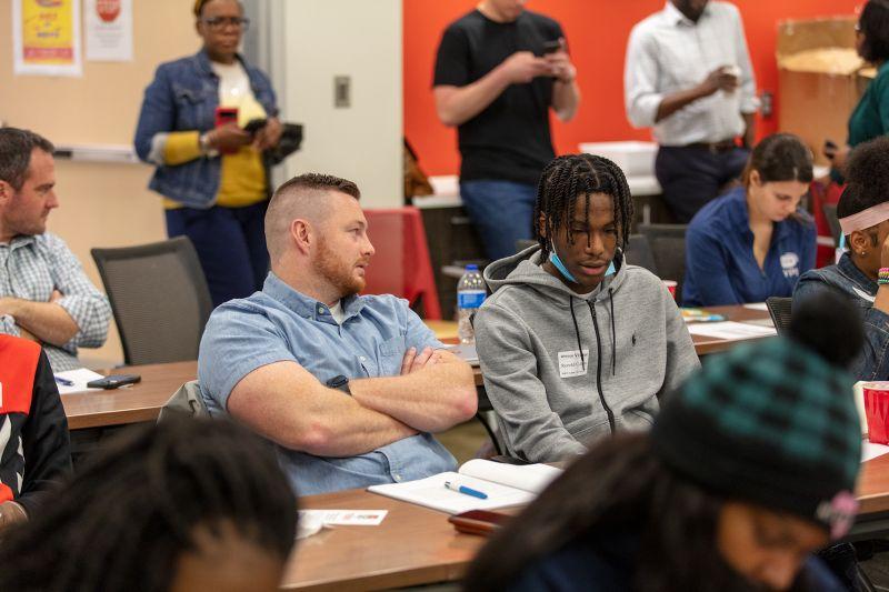 Whirlpool mentor talks with Benton Harbor High School student