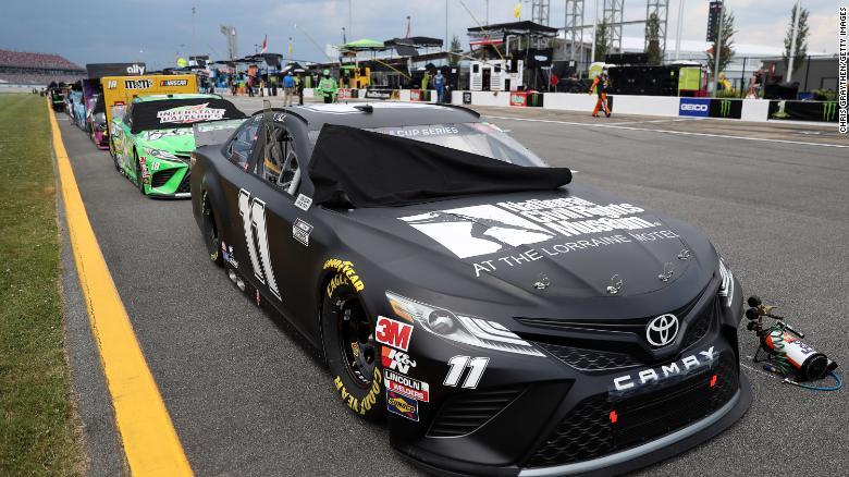 Denny Hamlin's car, painted with the logo of the National Civil Rights Museum, waits on the grid prior to the NASCAR Cup Series GEICO 500 at Talladega Superspeedway on June 21.
