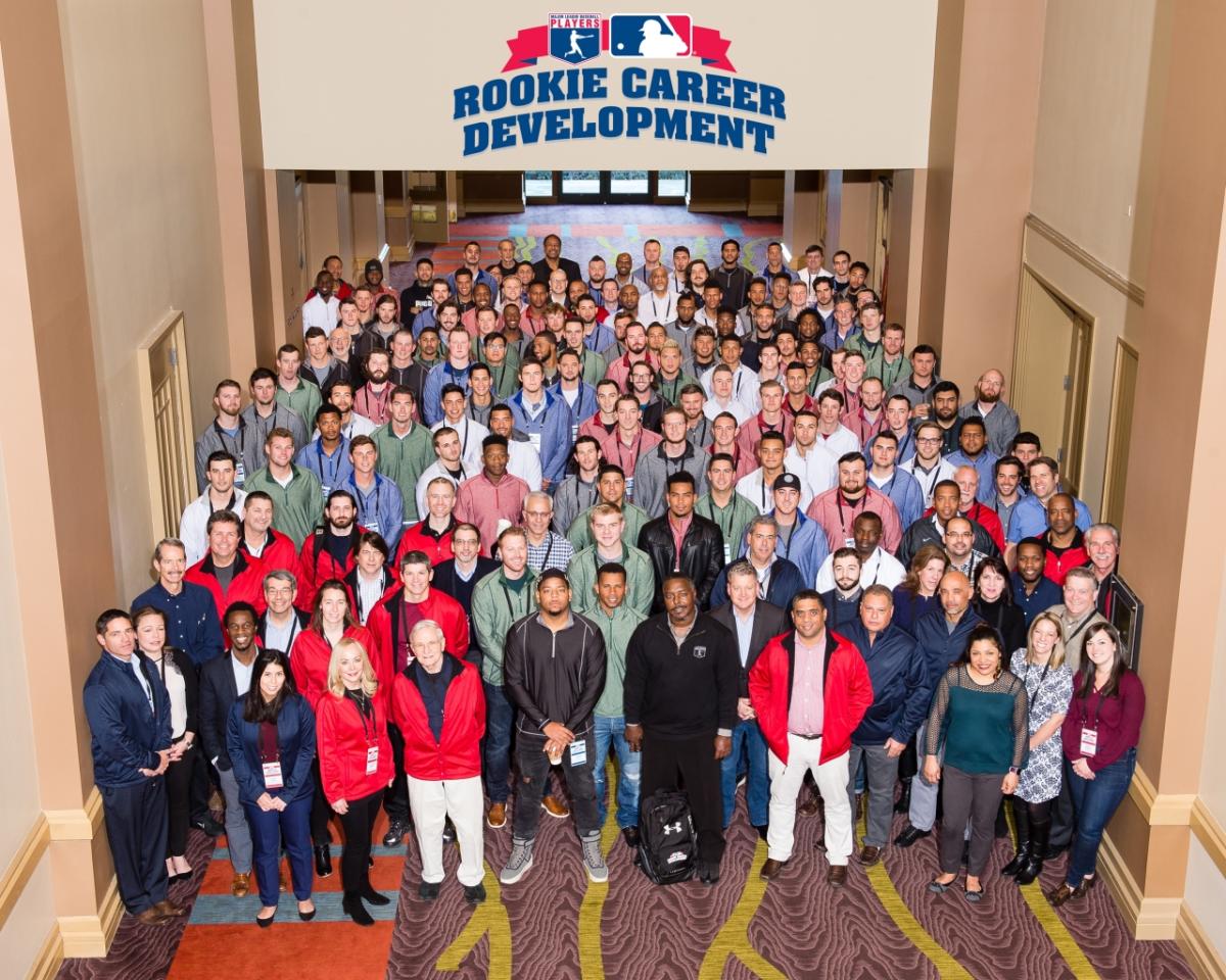 Attendees of the MLBPA/MLB 2018 Rookie Career Development Program, featuring 120 potential future Major Leaguers, gather for the annual group photo. Several current big league stars have attended this yearly gathering designed to help young pros transition to life as a Major Leaguer.