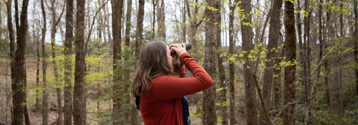 Audubon South Carolina’s Jennifer McCarthey Tyrrell, in orange sweater, looking through binoculars