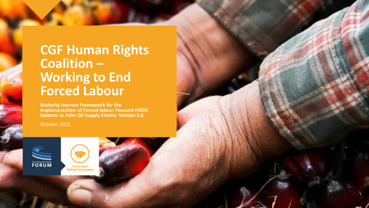 Banner reading, "Human Rights Coalition – Working to End Forced Labour" with logo for The Consumer Goods Forum
