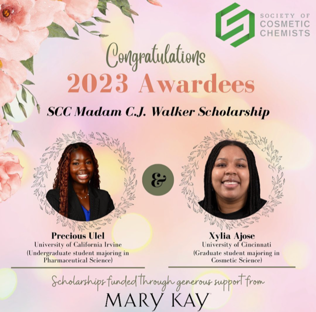 SCC Madam C.J. Walker Scholarship recipients receive $5,000 furnished by Mary Kay to continue pursuing STEM interests related to the cosmetics and personal care industry. Pink floral background with two headshots of the award winners