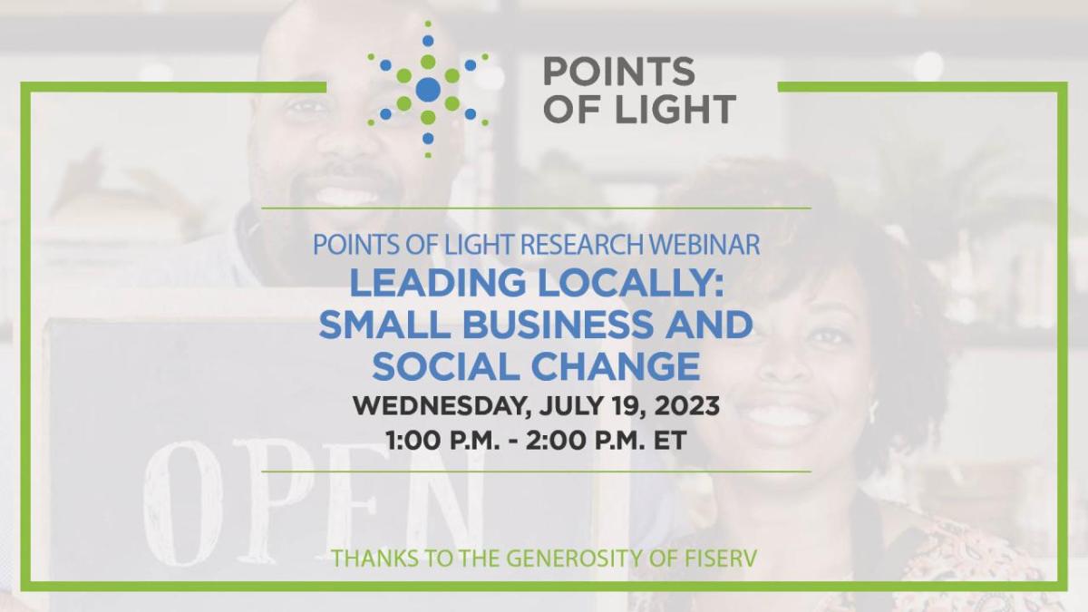 "Leading Locally: Small Business & Social Change" banner with webinar date and time