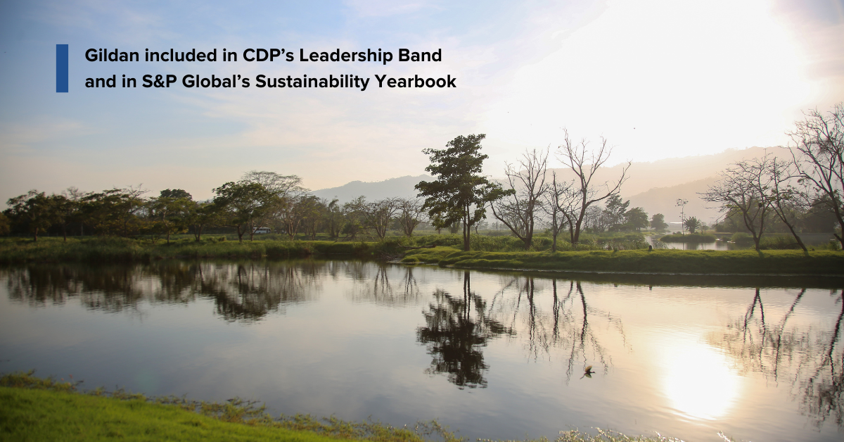 Gildan Included in CDP’s Leadership Band and in S&P Global’s Sustainability Yearbook "Gildan Included in CDP’s Leadership Band and in S&P Global’s Sustainability Yearbook" text against a nature backdrop