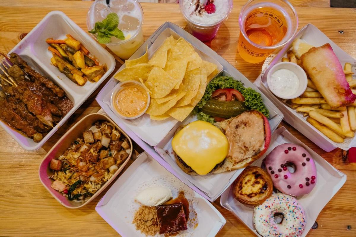 Various food and drinks on a table