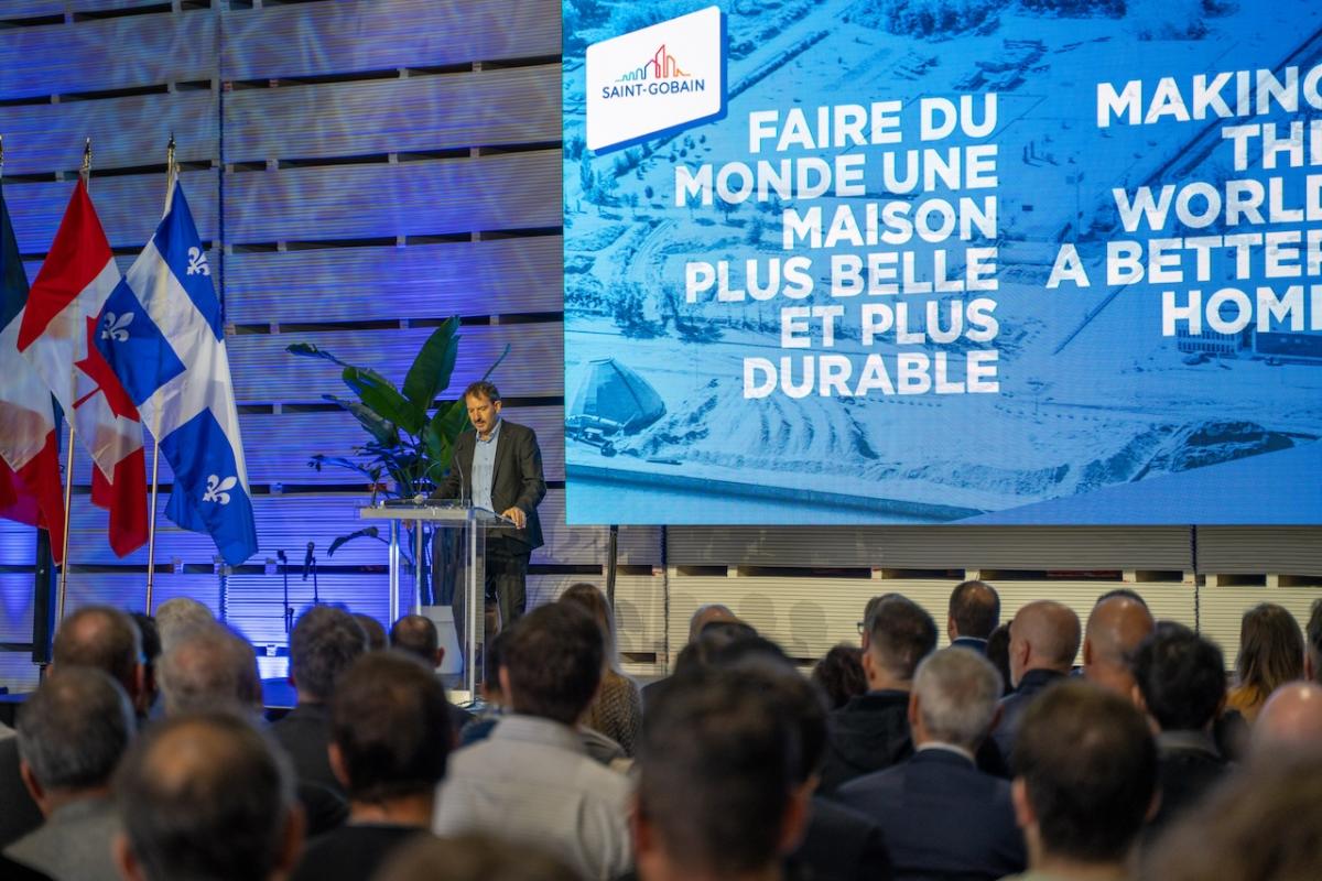 Jean Claude Lasserre speaking at the opening of the new CertainTeed facility in Montreal.