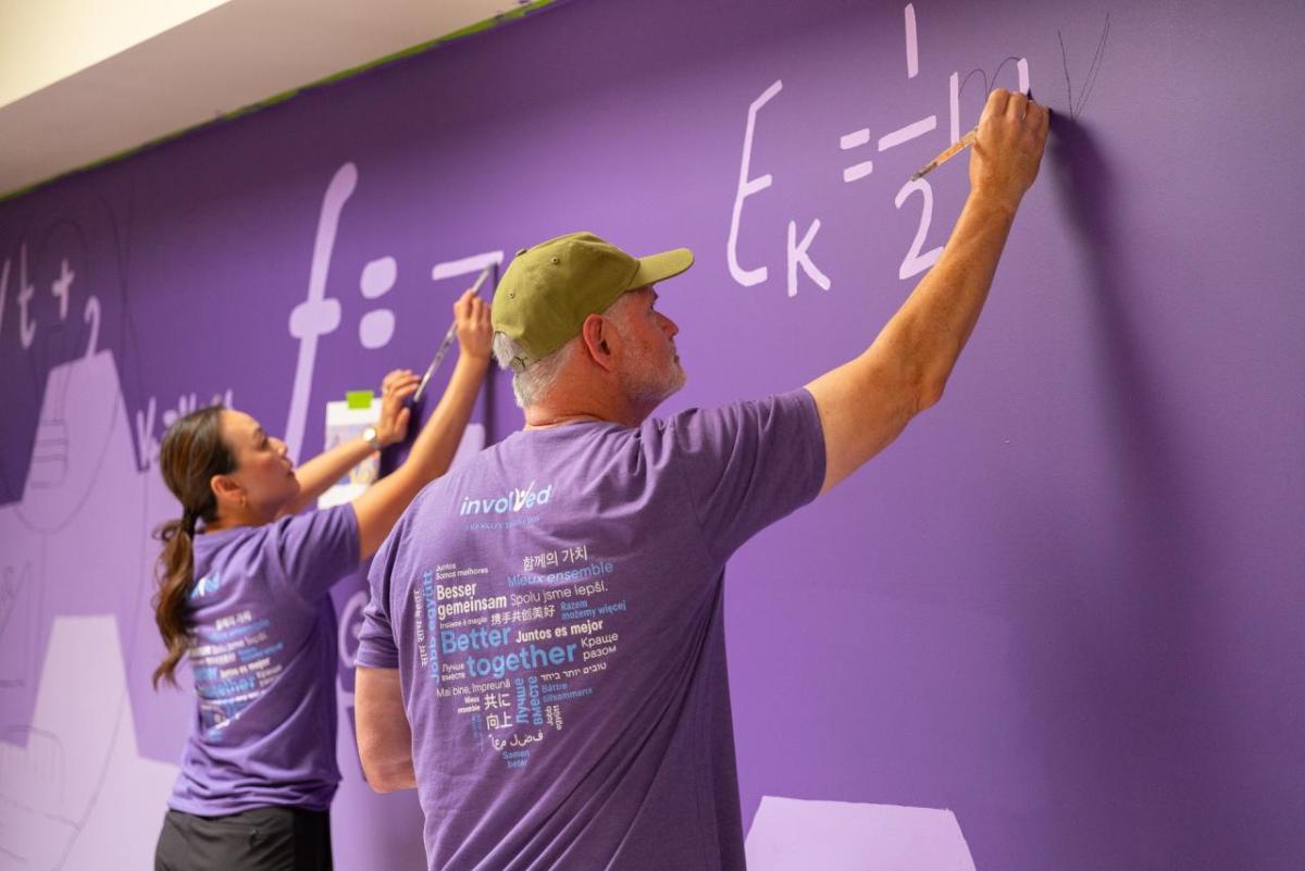 Pasadena employees painting science-themed murals. 