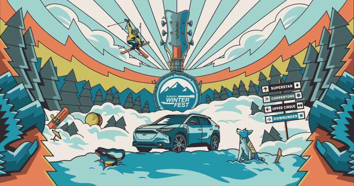 poster for event with skiing and a Subaru car