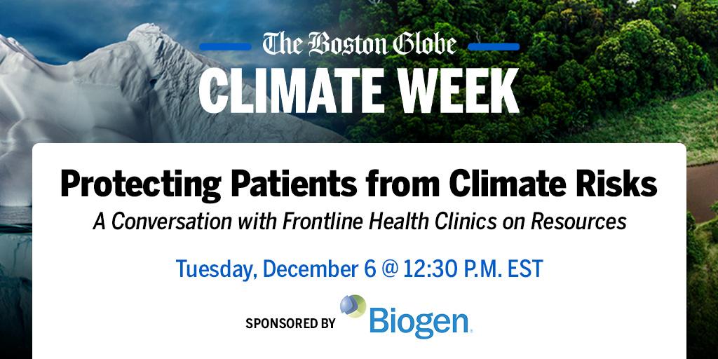 Image of iceberg and forest with text overlaid reading: "Protecting Patients from Climate Risks"