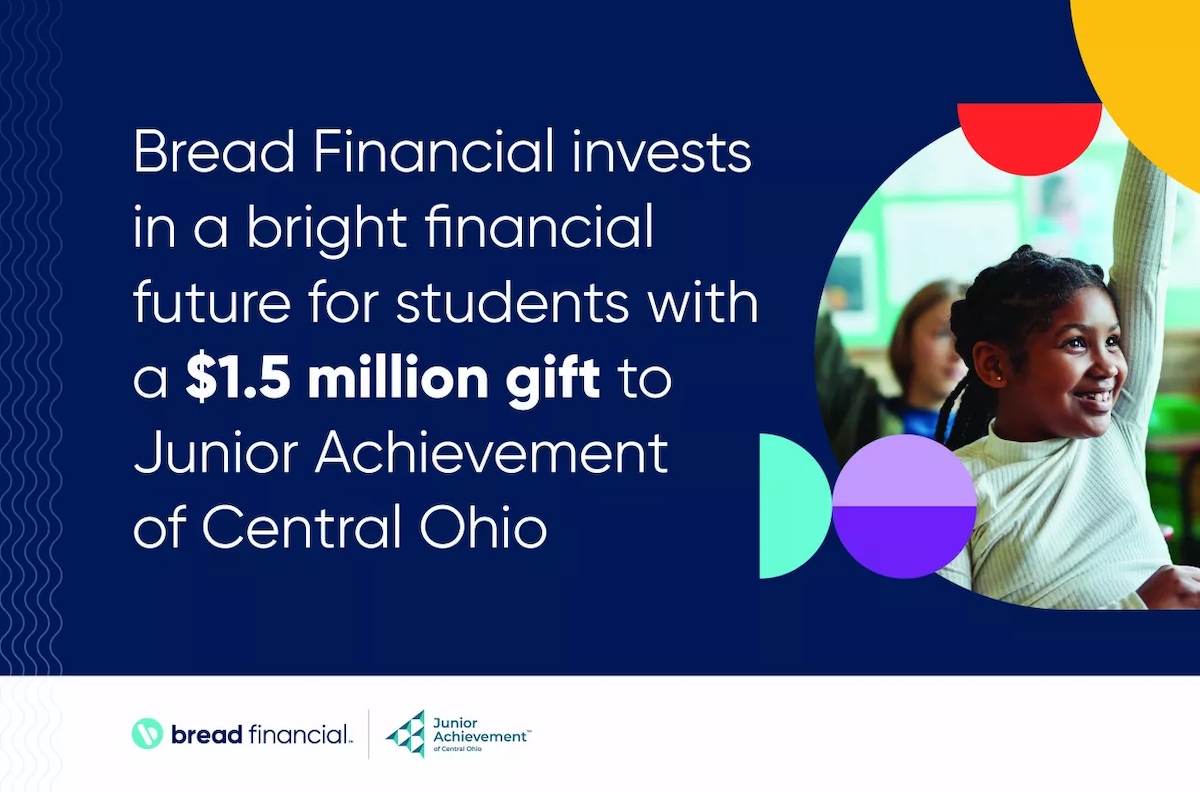Student raising their hand next to text that reads: Bread Financial invest in a bright financial future for students with a $1.5 million gift to Junior Achievement of Central Ohio