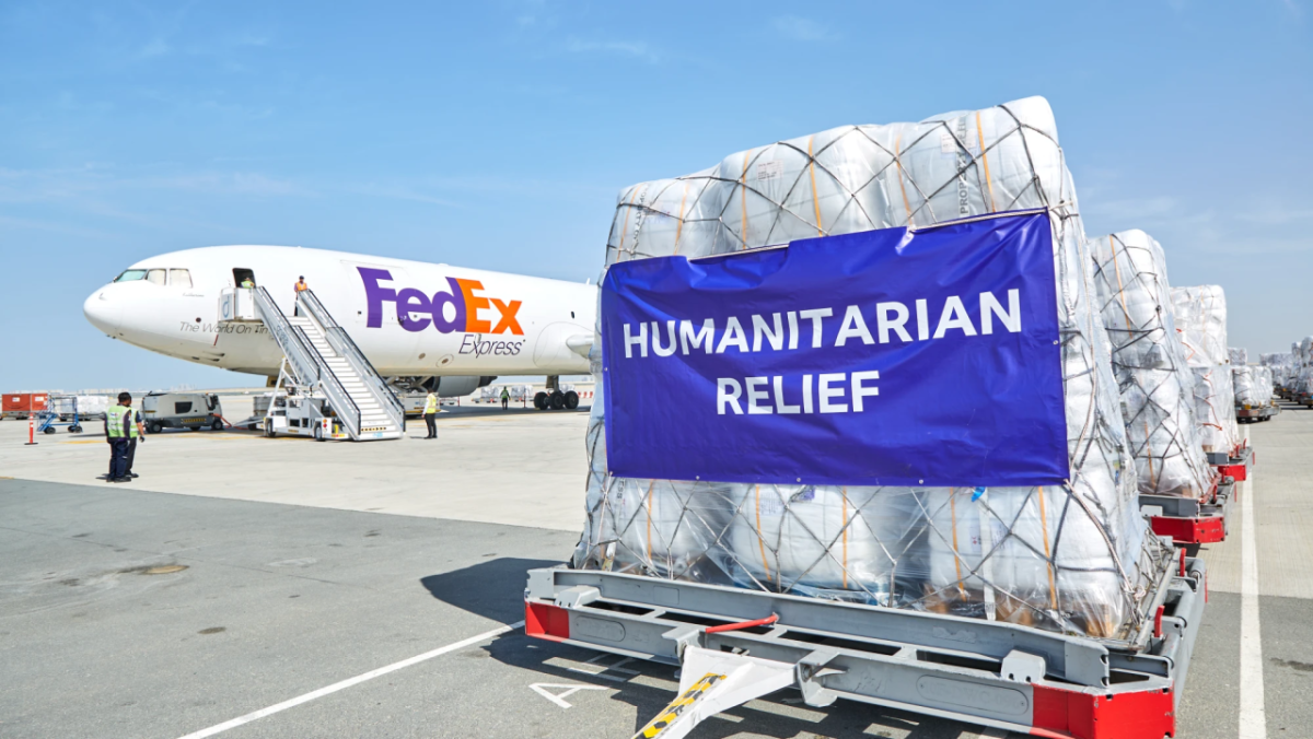 Humanitarian Relief being loaded on to a Fedex plane