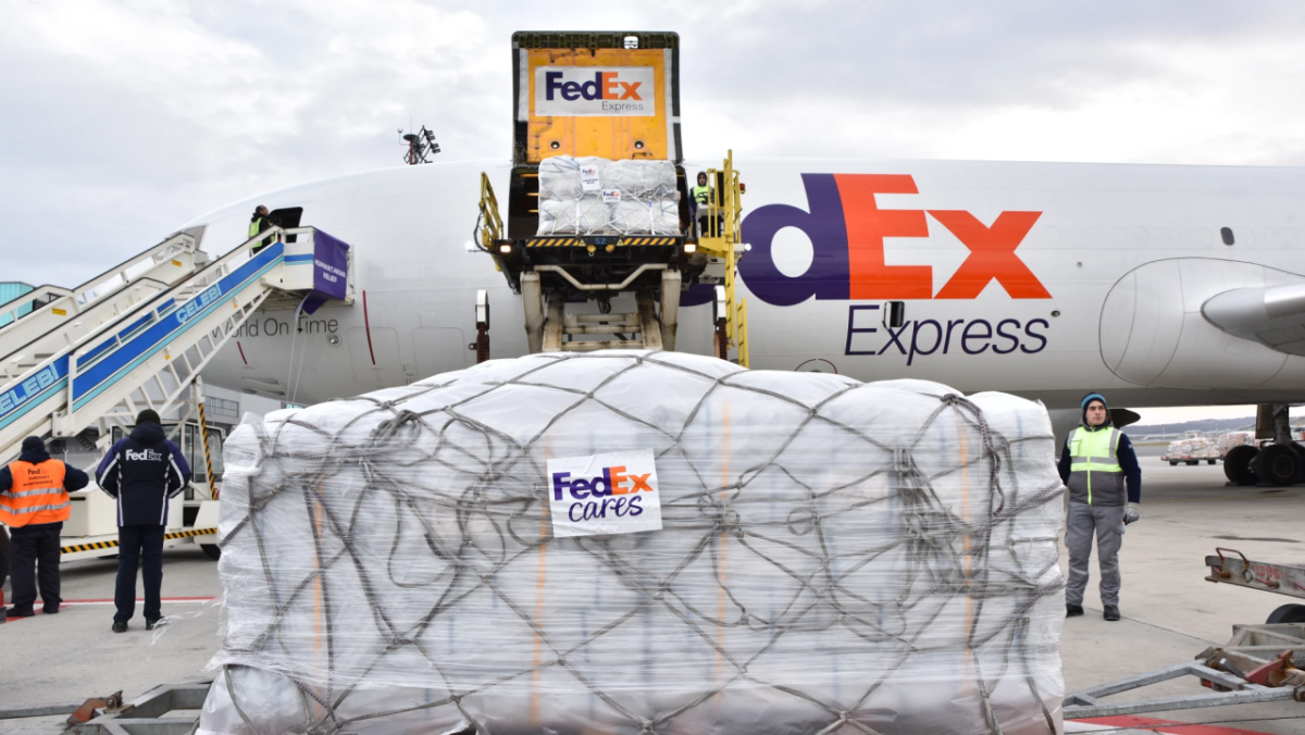 Humanitarian Relief being loaded on to a Fedex plane