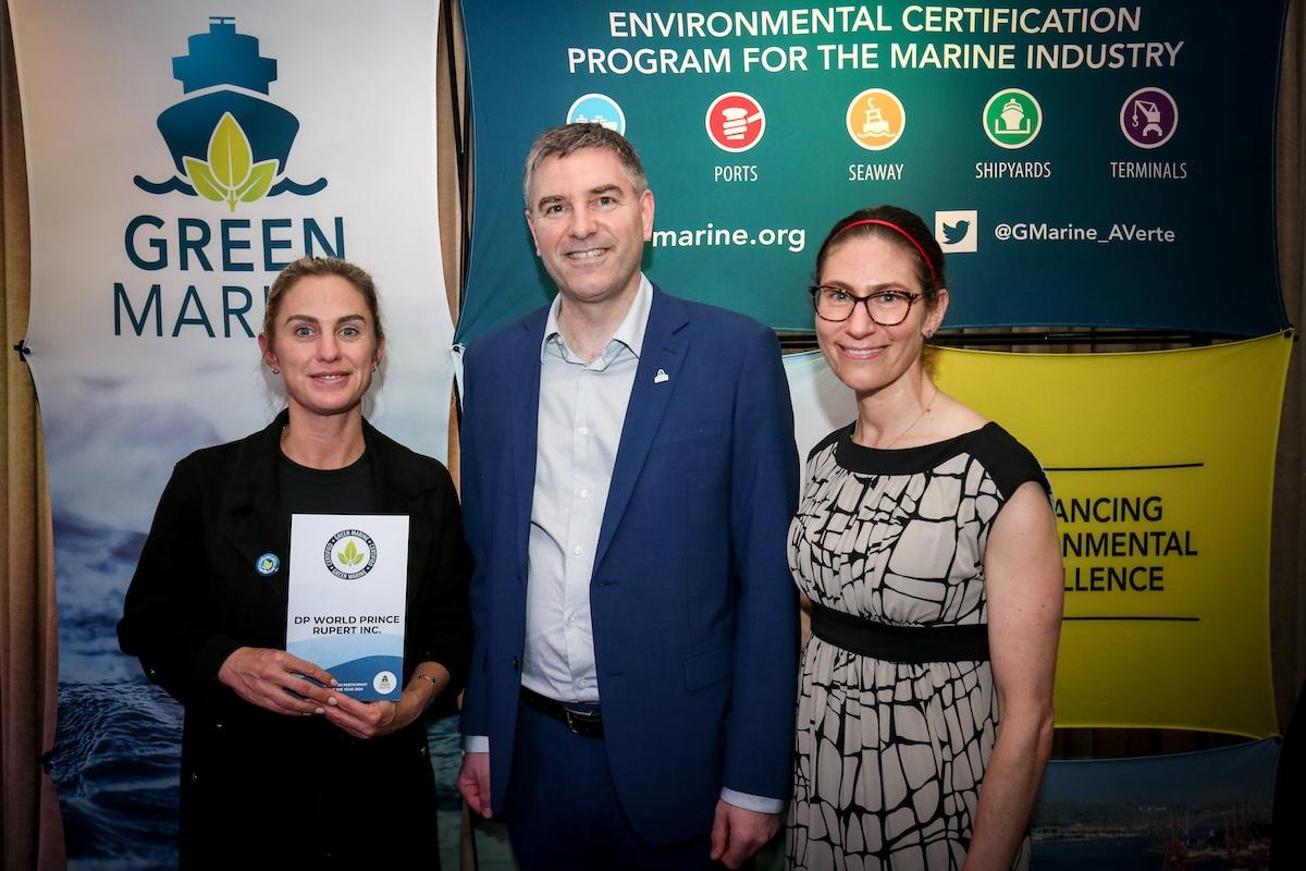 (left to right) Bronwyn Pountney (Environment Manager, DP World), David Bolduc (President and CEO of Green Marine), and Eleanor Kirtley (Senior Program Manager, Green Marine) accepting Green Marine recertification for Prince Ruport Port.