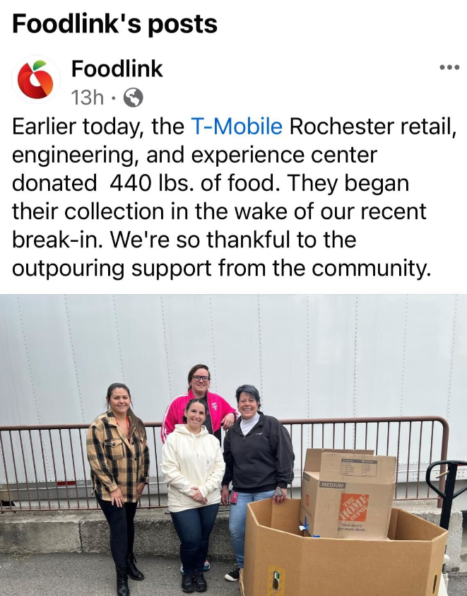 Post: Earlier today, the T-Mobile Rochester retail, engineering, and experience center donated 440 lbs. of food.