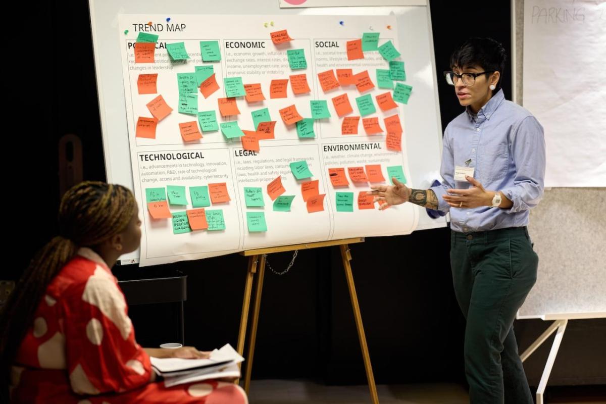 Someone presenting, using colorful sticky notes on a board