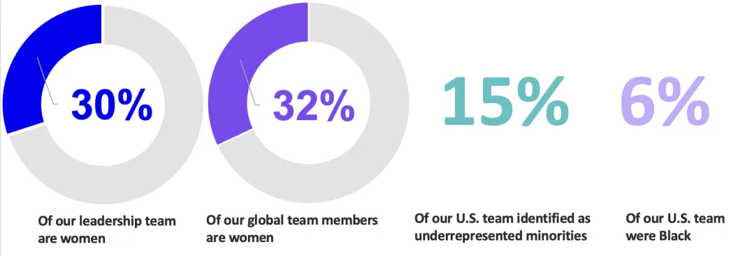 30% Of our leadership team are women, 32% Of our global team members are women, 15% Of our team members identified as underrepresented minorities, 6% Of our U.S. team were Black