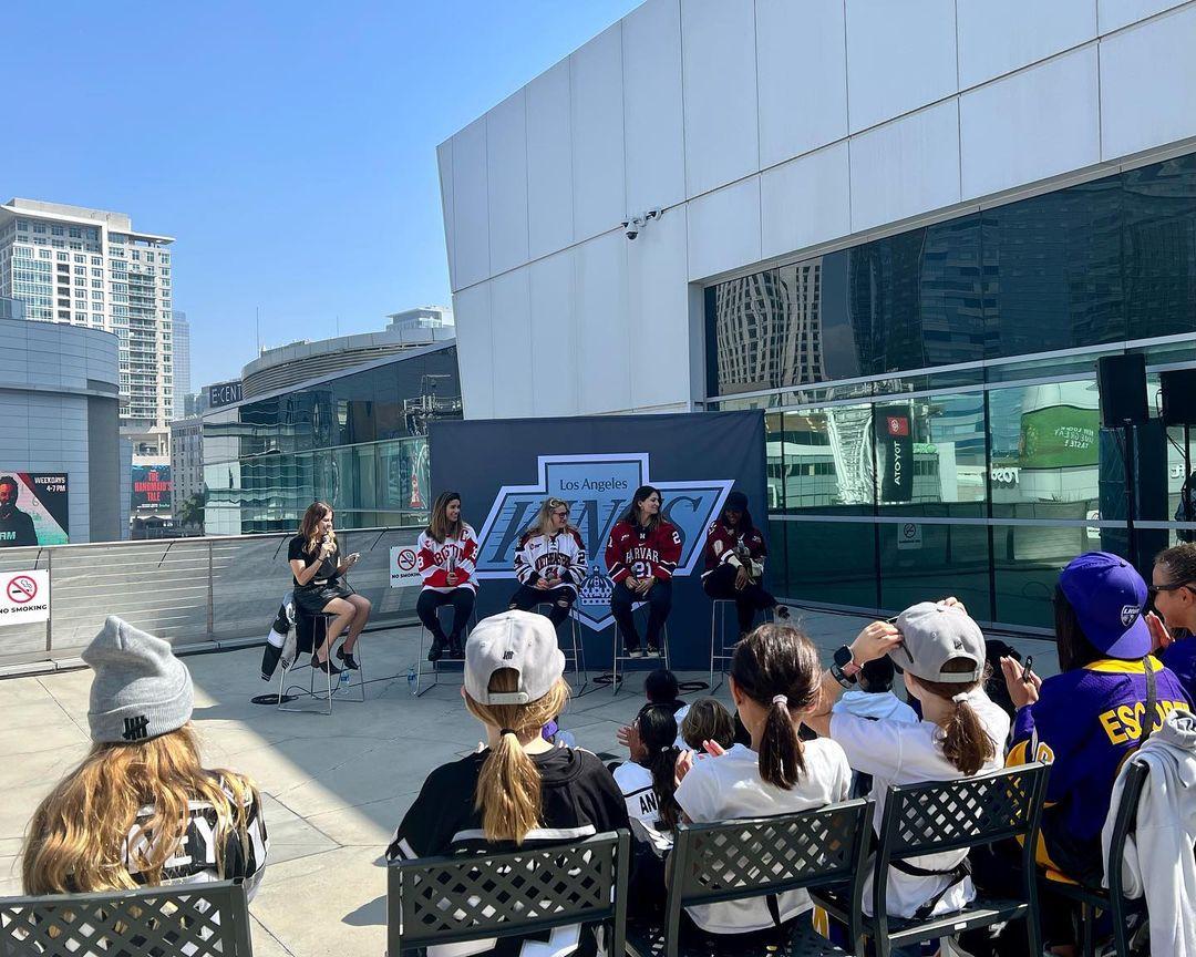Blake Bolden, Chelsey Goldberg, Keely Moy and Reagan Rust, share their stories and experiences in hockey with attendees.
