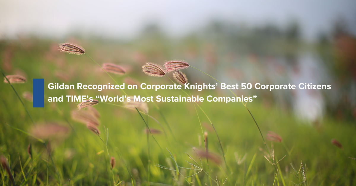 Gildan Recognized on Corporate Knights’ Best 50 Corporate Citizens and TIME’s World’s Most Sustainable Companies "Gildan Recognized on Corporate Knights’ Best 50 Corporate Citizens and TIME’s World’s Most Sustainable Companies" written on a backdrop of a close-up shot of grass and weeds